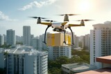 Fototapeta Londyn - Emergency drone delivery securely transports medicaments to hospitals. Ambulance Courier aid doctors with medical supplies. Warehouse to delivery point air mobility delivery aerospace medical logistic