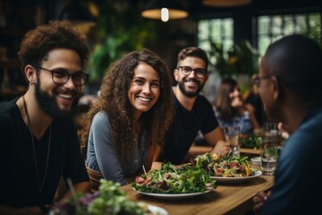 Multi-ethnic team enjoying a healthy lunch spread in the office, embracing a communal dining culture, Generative AI