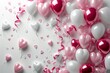 Valentine's day background with pink and white balloons and confetti