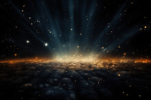 Abstract Dark Background With Sparkles On The Sand And Golden Bokeh In The Rays Of Cold Light. Generated By Artificial Intelligence