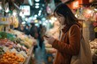 Woman multitasking: Shopping in the market while using her mobile phone generative ai