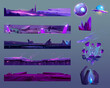 Game ui elements set for space design. Cartoon vector illustration kit of floating alien planet ground platform with purple surface, magic portal and explosion effect, gemstone and spaceships.