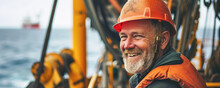 Smiling Senior Man Working On Offshore Vessel Or Ship, Wearing Safety Helmet And Reflective Vest.