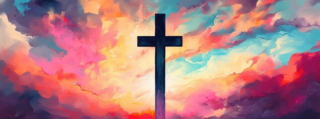 Divine Light: Majestic Cross Amidst Vibrant Skies Inspiring Faith - Generative AI