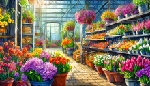 Flowers In The Greenhouse In The Spring, Painting Art Design