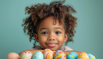 Wall Mural - Cute African American little girl with painted Easter eggs decoration in hair on pastel green background. Stylish spring design portrait with eggs and flowers. Happy Easter Holiday