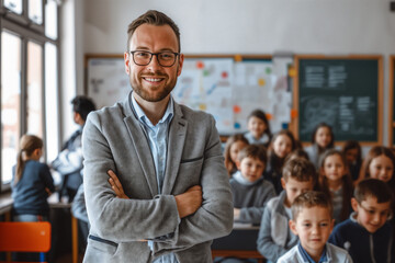 Wall Mural - Smiling male teacher in class looking at camera, students studying, Teachers' Day, Children's Day, primary school students, middle school students,rural teacher