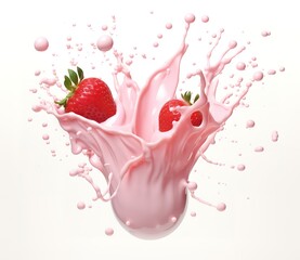 Wall Mural - The strawberry falling into the milk is pink with a splash effect. generative AI