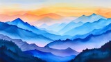 Fototapeta Natura - Watercolor landscape featuring a mountain view, Misty mountains watercolor background. Beautiful simple painting of mountains.