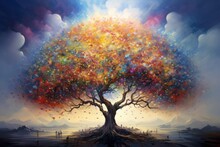 Lonely Magical Miracle Tree On The Edge, Fairy-tale Landscape, Concept Of Magic, Dream Come True