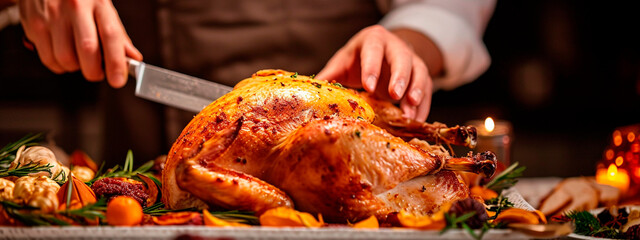 Cutting turkey with a knife on the table. Selective focus.