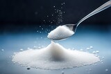 Fototapeta  - One spoonful of white sugar in the photo on a dark blue Background. generative AI