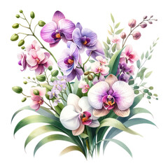 Wall Mural - watercolor of Orchid flower bouquet and greenery leaves clipart