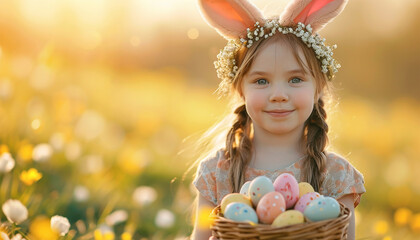 Wall Mural - Little girl having fun on Easter egg hunt. Kids in bunny ears and rabbit costume. Children searching for eggs in the garden. Toddler kid playing outdoor. Child laughing and smiling spring 