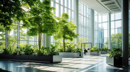 Eco-friendly green office building, modern style, sustainable glass office building to reduce carbon dioxide, AI generated photo, copy space for text