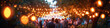 Outdoor evening reception with guests and festive lights. Social event and celebration concept. Design for banner, greeting card, event management brochure. Panoramic shot with bokeh effect
