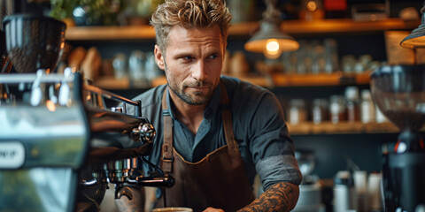 Barista at work in a coffee shop. Professional coffee making, cafe interior concept. Hospitality and service industry design for poster, advertisement
