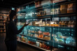 © Viktoriia - A technologically savvy shopper uses her smartphone to scan items and gather product information from an augmented reality display at a modern, smart-enabled grocery store.