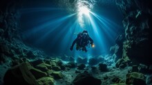 Scuba Diver In The Cave Underwater