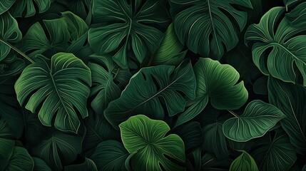  Tropical forest leaves illustration. Generative AI