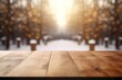 The empty wooden brown table top with blur background of home room in winter. Exuberant image. generative AI