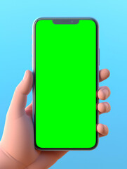 Sticker - Hand holding a smart phone with a green screen. Generative AI.