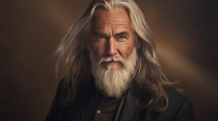Wall Mural - Elegant smiling elderly man with gray and long hair with perfect skin, on a golden background, banner.