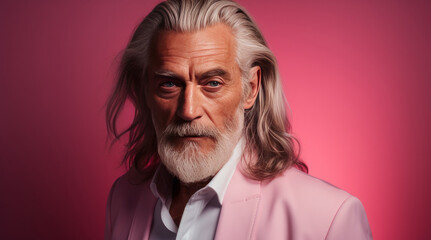 Wall Mural - Elegant smiling elderly man with gray and long hair with perfect skin, on a pink background, banner.