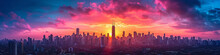 Urban Skyline At Sunrise With Vibrant Sky. Wide-angle View Of City Buildings In Morning Light. City Awakening And Real Estate Concept For Print And Design
