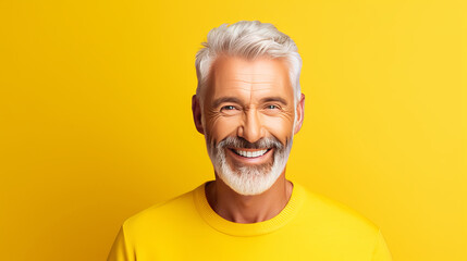 Wall Mural - Elegant smiling elderly blond Caucasian with gray hair with perfect skin, on yellow background, banner.