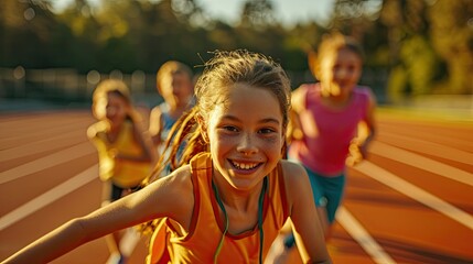 Wall Mural - Young Children Racing on Track, Full of Joy and Energy.