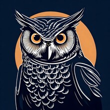 A Striking Flat Vector Logo Of A Wise Owl, Intricately Detailed And Captured In HD, Set Against A Solid Navy Background For A Modern And Minimalistic Feel. Isolated On Navy Solid Background.