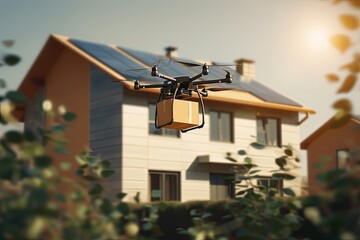 Wall Mural - Cardboard boxes, fabrication, unit employing smart UAV parcel delivery drone helicopter technology emerges. Unsupervised service revolutionizes industry, efficient packaging and delivery solutions.