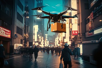 Canvas Print - Cardboard boxes, fabrication, unit employing smart UAV parcel delivery drone helicopter technology emerges. Unsupervised service revolutionizes industry, efficient packaging and delivery solutions.