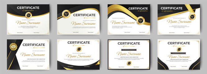 Black and Gold certificates template design. eight horizontal diploma certificates. vector