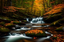 Browns Creek Cascading Waters Lined With Autumn Colors Of Hardwood Forest In The Green Mountains Of Vermont