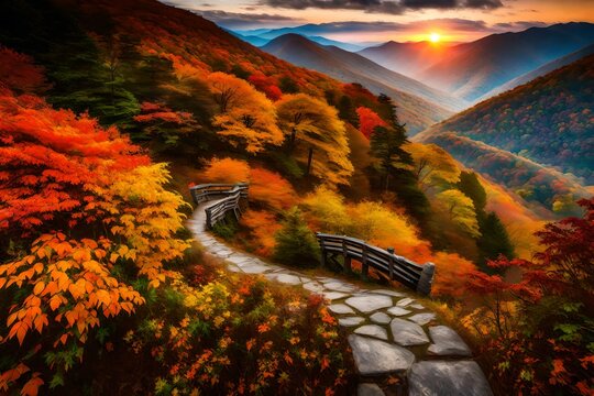 Beautiful fall foliage with a vibrant sunrise on the Blue Ridge Parkway Craggy Gardens area near Asheville North Carolina USA