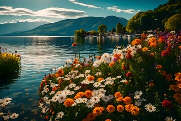Wall Mural - Flowers on the shore of Lake Geneva