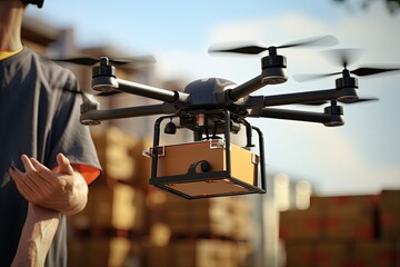 Canvas Print - Modern, futuristic tech concept smart drones efficient traffic management. Robotic drones equipped for smart packaging and parcel delivery, cutting edge technological advancements in drone industry.