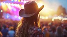 Back View Of A Young American Woman Fan Of Country Music Attending A Country Music Concert Wearing A Cowboy Hat And Copy Space