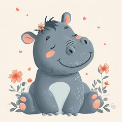 Wall Mural - illustration of cute baby hippo , blue cartoon charachter of hippo, baby nursery room portrait or card poster