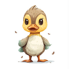 Wall Mural - Cute adorable baby duck artwork. happy young little duck illustration. white background, neutral color feathers. Cartoon doodle of smiling duckling. Poster of fun farming kid