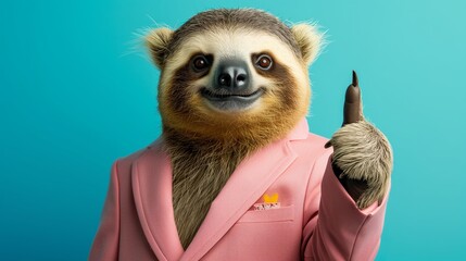 sloth wearing pink suite on yellow background