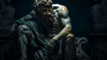 Antique Sculpture Of Man With Beard. Statue Of A Man And On A Black Background. Statue Of David In The Vatican Museum, Rome, Italy. 