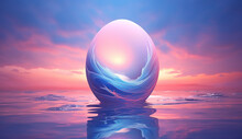 3D Render Of A Crystal Ball Floating In The Sea At Sunset. Huge Crystal Sphere Is Swimming In The Ocean (3d Landscape Rendering Banner)