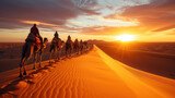 Fototapeta Zachód słońca - camelcaravan on top of a sanddune