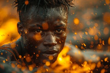 Wall Mural - An African American running on a treadmill in flames