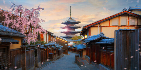 Poster - Scenic cityscape of Yasaka pagoda majestic sunset during full bloom cherry blossom and scatter sakura petals in Kyoto, Japan