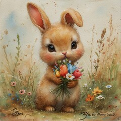 Wall Mural - Bunny Boomers: A Cute and Colorful Painting of a Rabbit Holding Flowers Generative AI