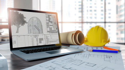 Digital blueprint by architecture design software on laptop screen with documents and blueprint layout on office table seamless integration of technology and traditional drafting method 